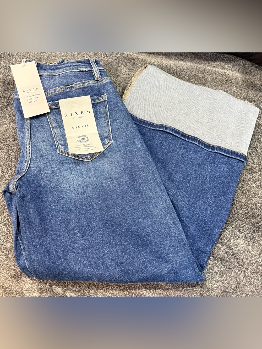 RISEN High-Rise Blue Wide-Leg Flare Jeans with Fold-Over Hem